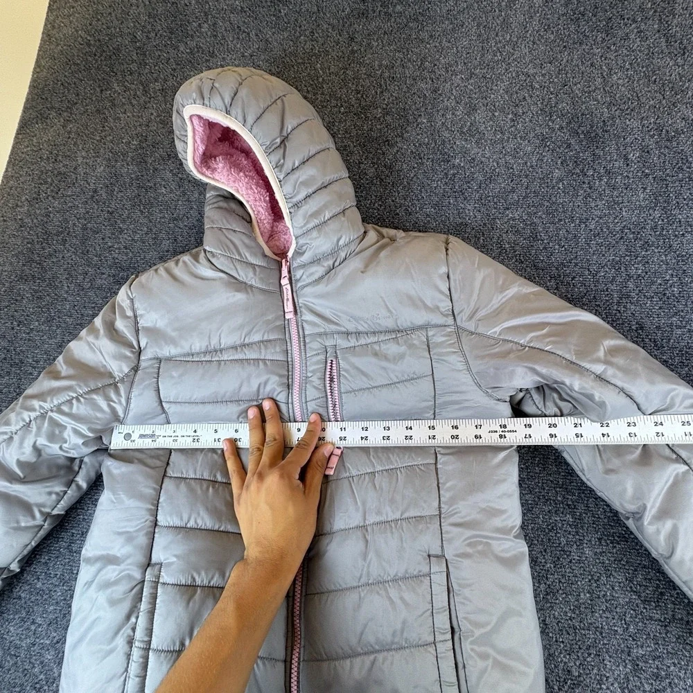 Eddie Bauer Reversible Puffer Jacket Girls L Gray Pink Faux Fur Hooded Full Zip